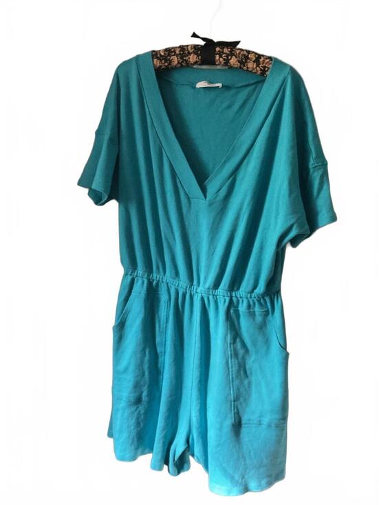 Pants - Zenana Women's Turquoise Short Sleeve Romper with Pockets Size 1X